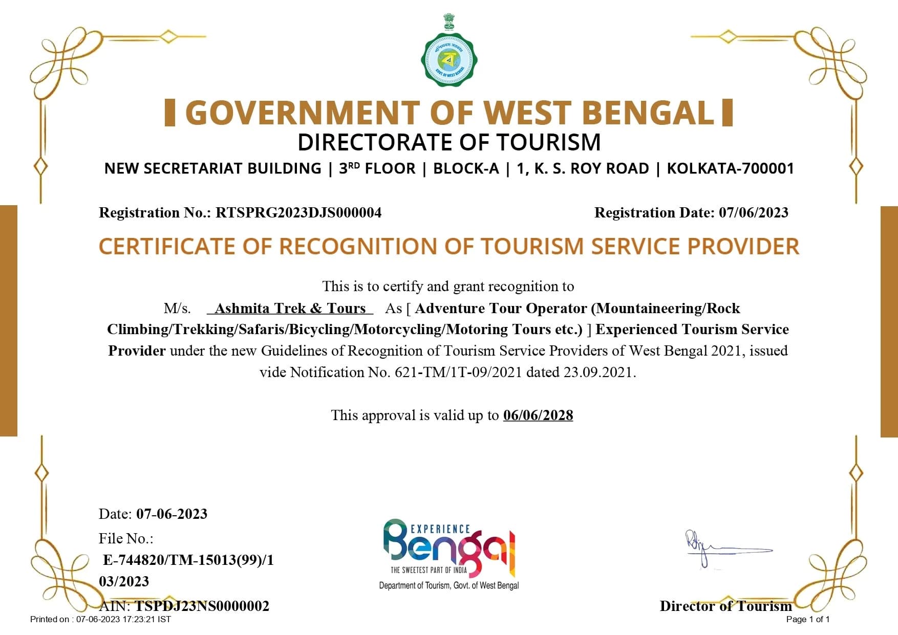Recognition Certificate from West Bengal Tourism