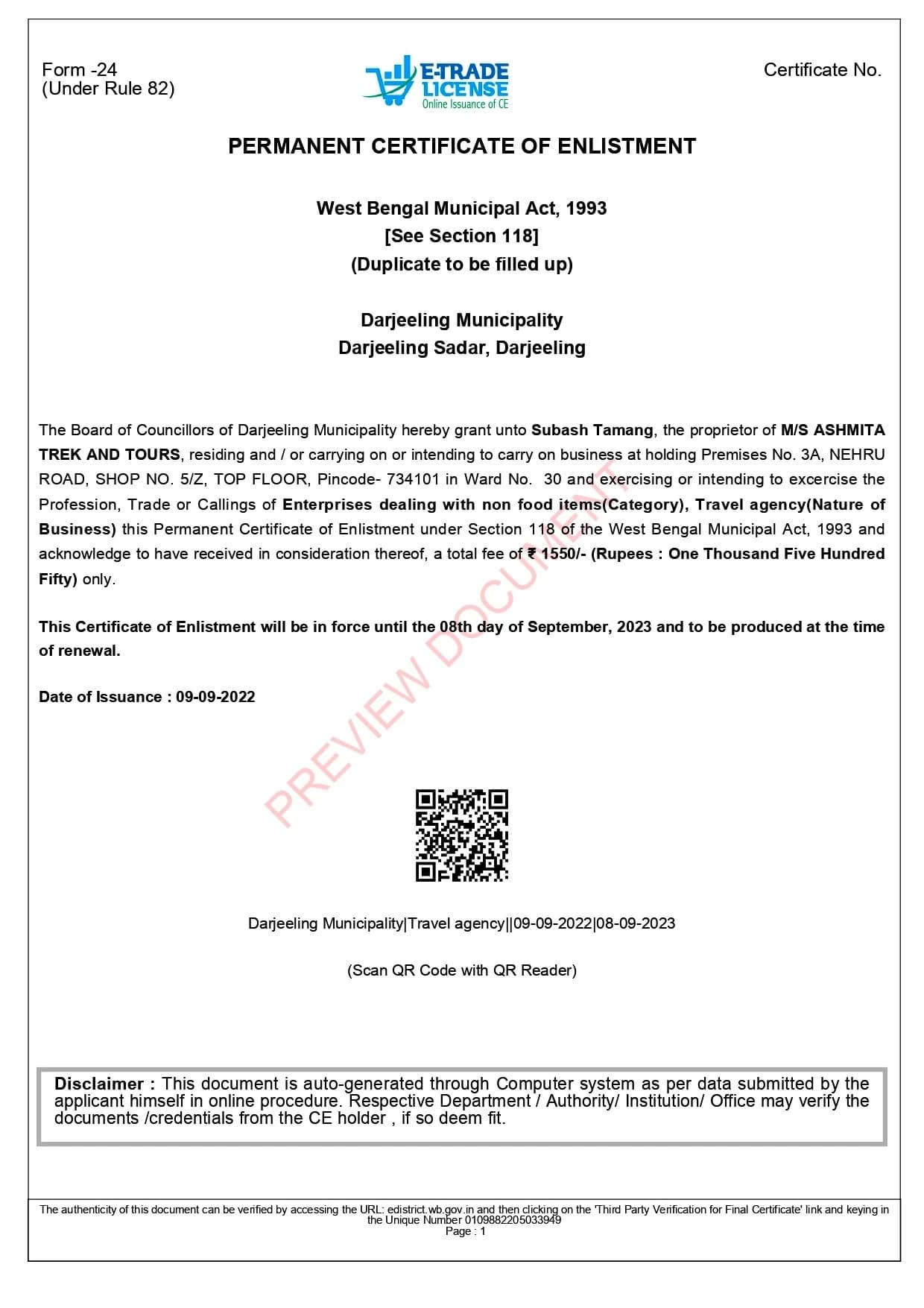 Registration Certificate from Local Government