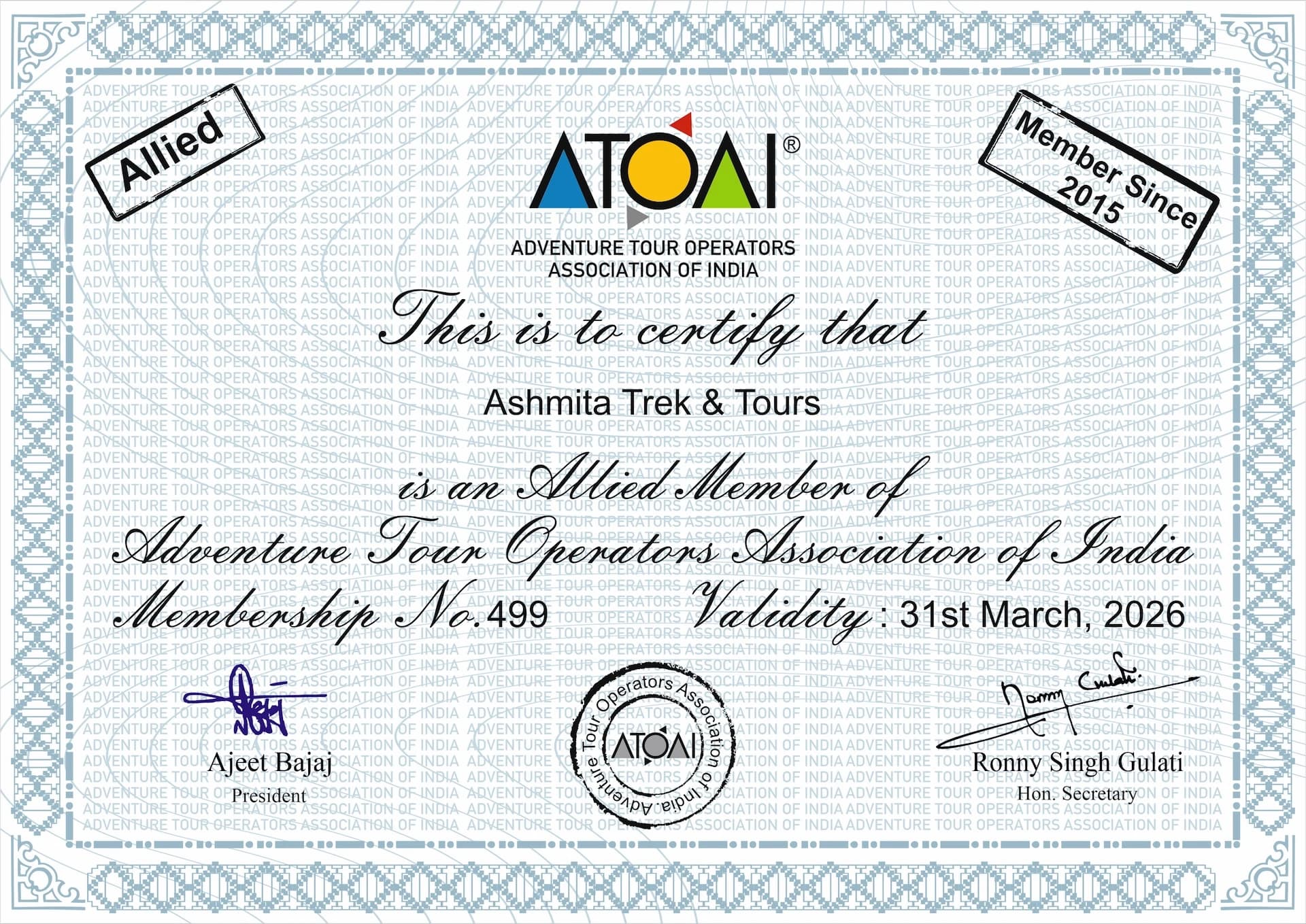 Membership Certificate ( Adventure Tour Operators Association of India )
