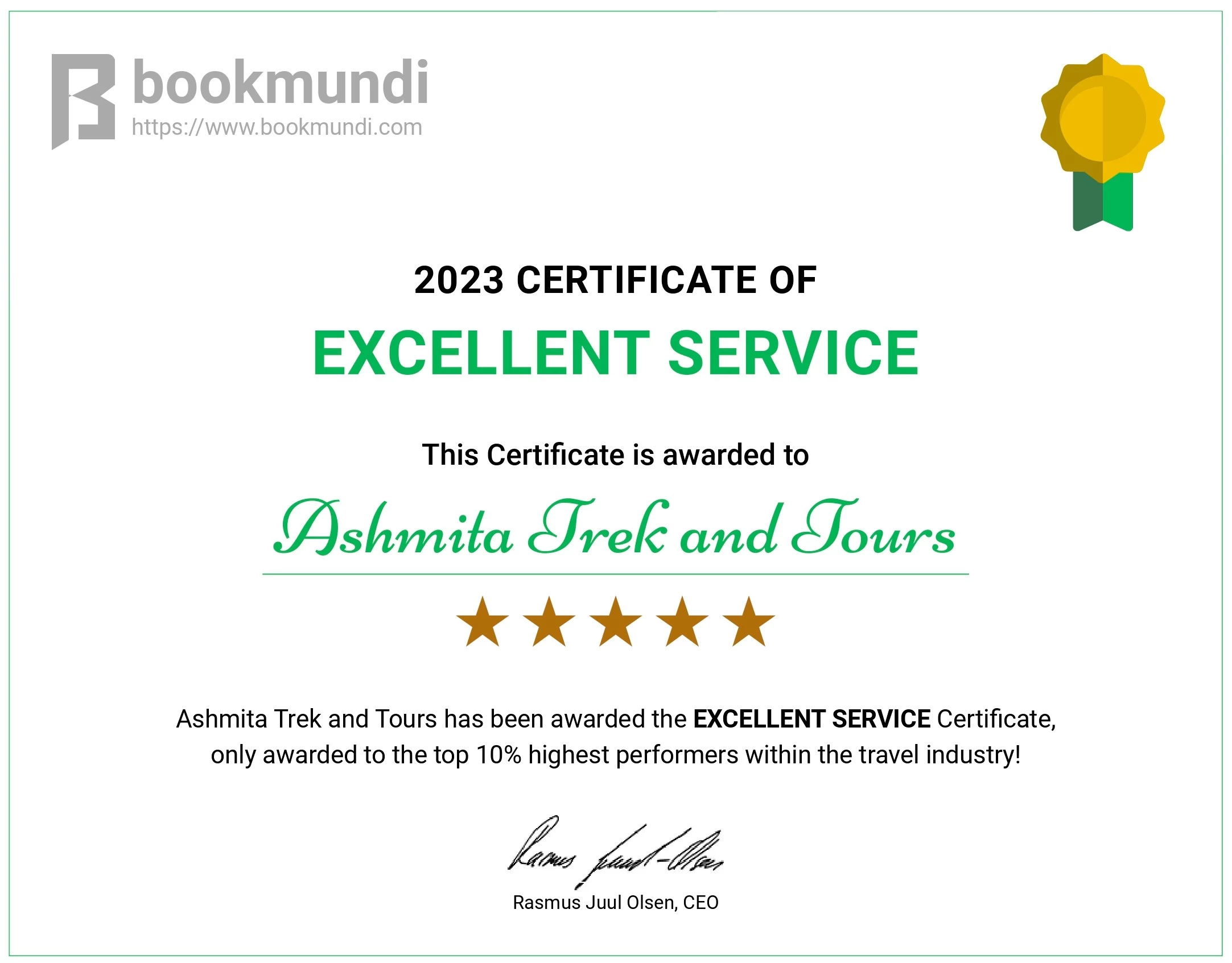 2023 CERTIFICATE OF EXCELLENT SERVICE by Bookmundi